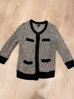 Anne Taylor Black Trim Black & White Marled Knit Cardigan